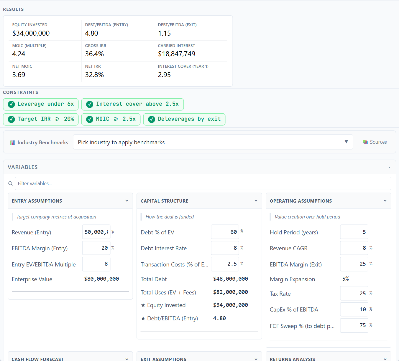 The shipped PE LBO template running in Cast.