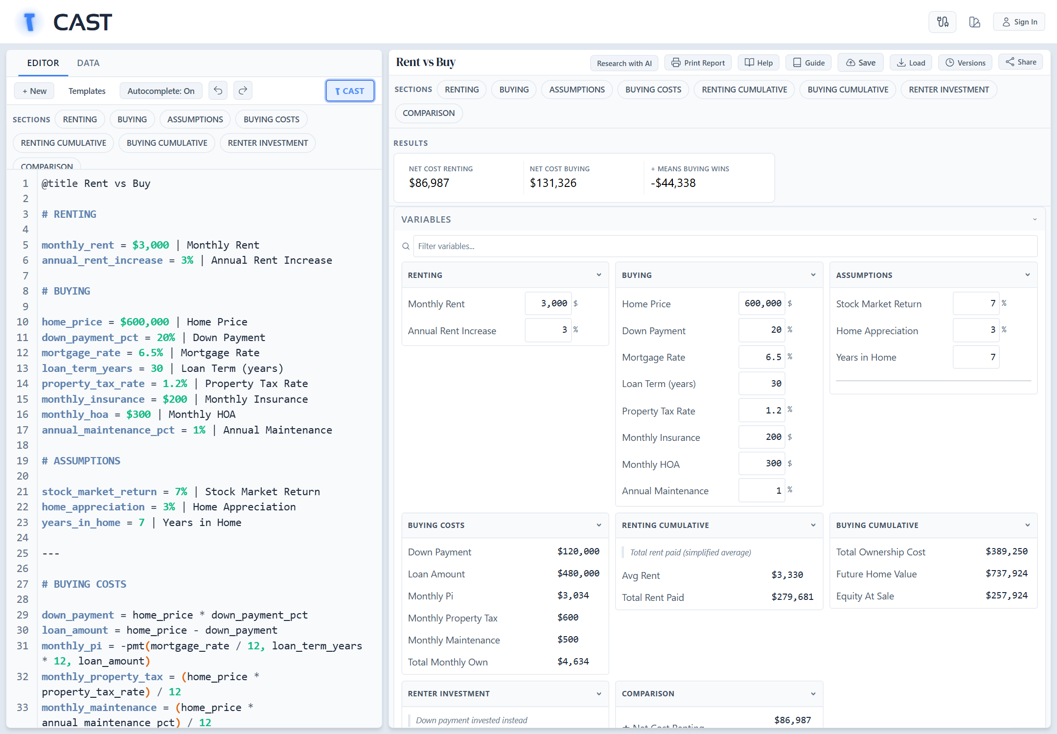 Real Cast rent-versus-buy model: readable formulas beside editable inputs and results
